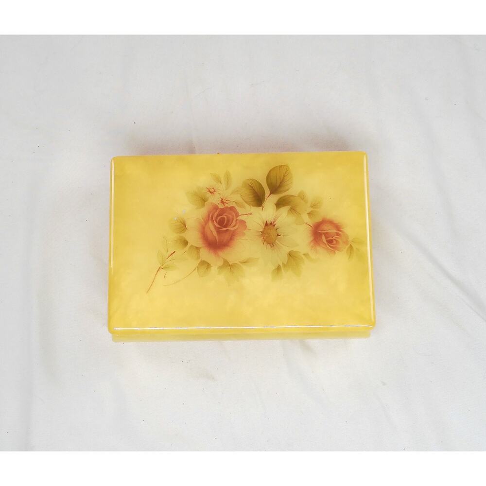 1985 Himark Italian Alabaster Keepsake Box Yellow Floral Rose Italy Vintage